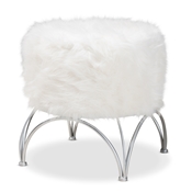 Baxton Studio Celia Modern and Contemporary White Faux Fur Upholstered Silver Metal Ottoman